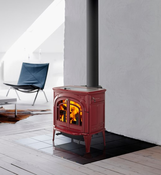 Dauntless Flexburn wood stove with a blue chair in the background