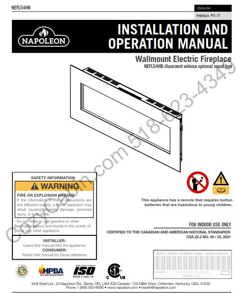 Wallmount NEFL58HB Electric Fireplace Installation and Operation