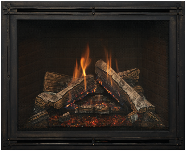 fireplace with mission screen front, black brick panels and birch logs