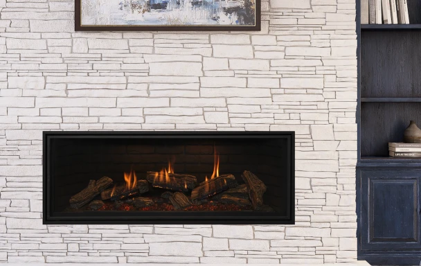 Nordik fireplace with black brick panels and traditional logs