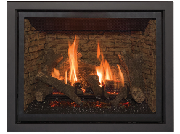 fireplace with rectangular full black screen front and Ledgestone panels