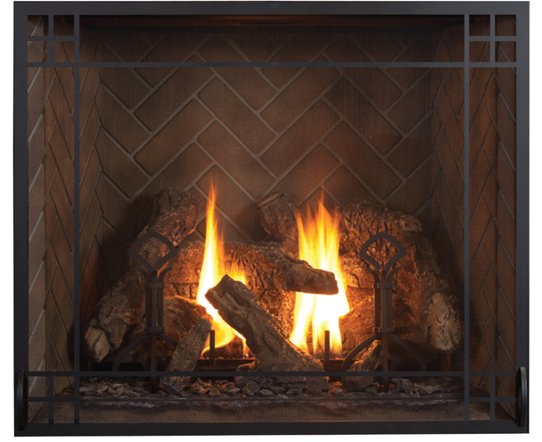 Fireplace with straight mission screen front, herringbone panels