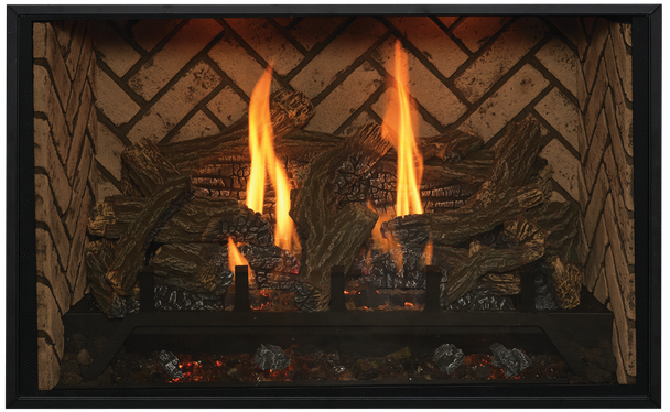 Bellingham fireplace with traditional log set, herringbone panels
