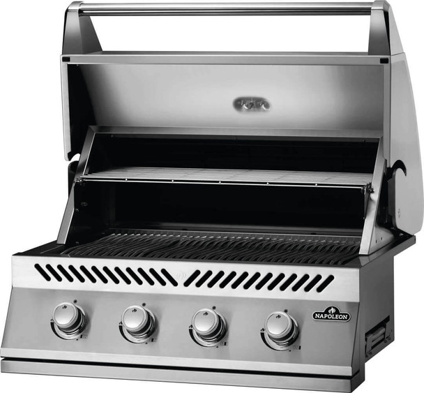 built-in grill angled with lid open to see inside