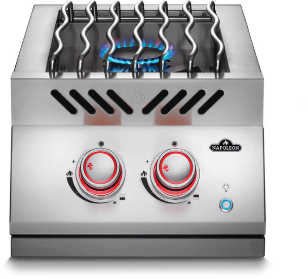 built-in burner on (see red around control knobs)