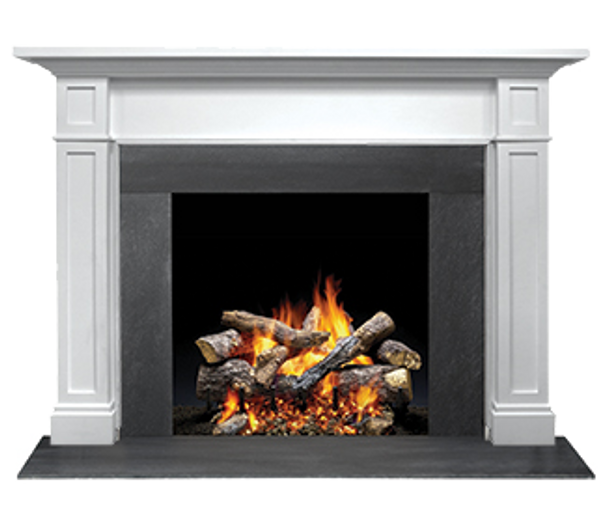 Acadia mantel with steel gray granite around a fireplace