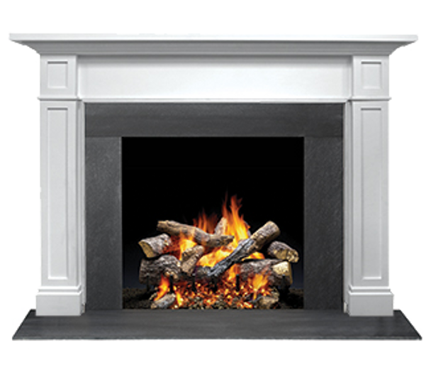 Acadia mantel with granite around a fireplace