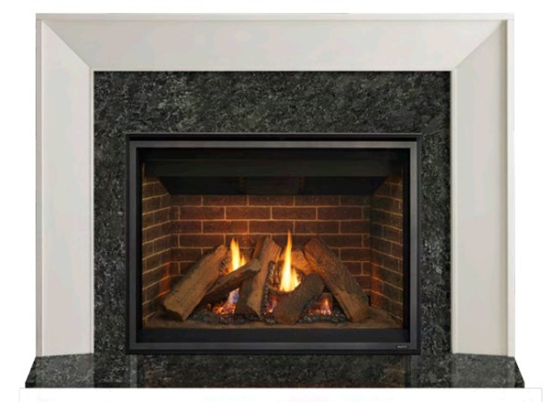 Zimmer mantel with gray granite around fireplace