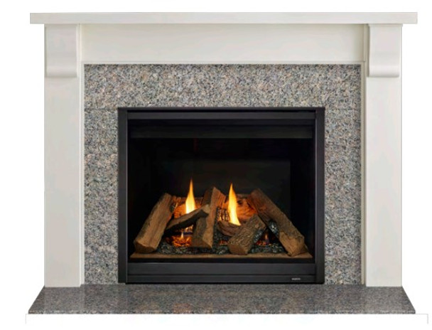 Merritt mantel with Pauline granite around a fireplace.