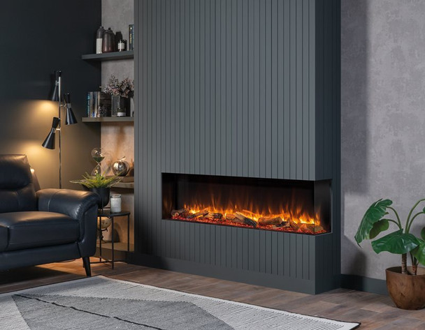 electric fireplace in living room with corner cut out