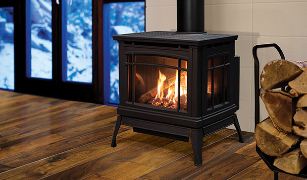 Black Westley gas stove in living room