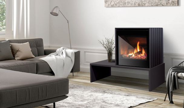 Cube gas stove on long platform in living room