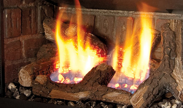 traditional log set burning in gas insert