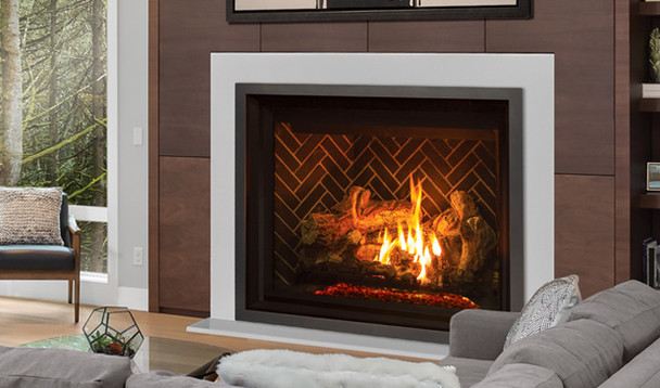 G50 gas fireplace with traditional log set and herringbone interior in a living room