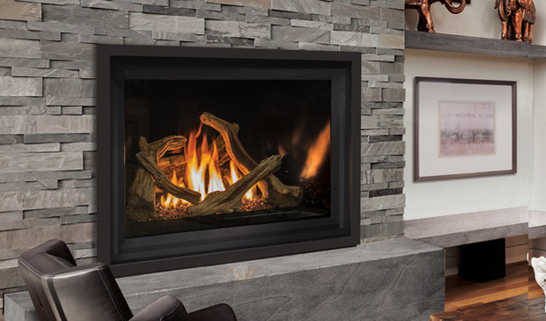 G50 gas fireplace with driftwood log set and black enameled interior in an office