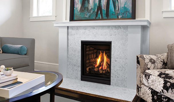 Q1 gas fireplace with ceramic brick liner and log set burning in a living room