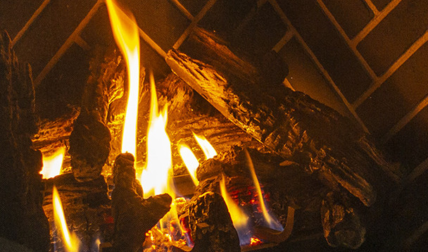 traditional log set burning with herringbone interior