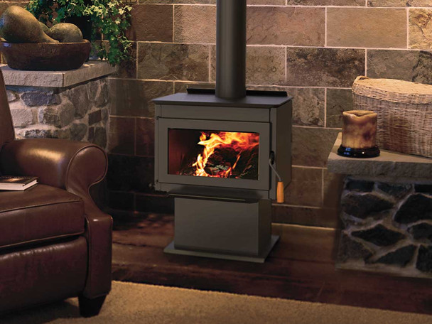 Tahoma 1600 wood stove burning in living room