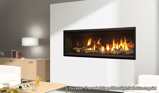 C44 fireplace with porcelain enameled liner and Ultra High Definition log set burning