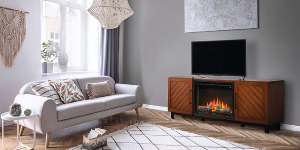 Bella electric fireplace media console in living room