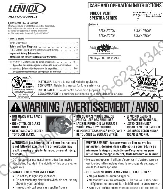 Spectra Series Gas Fireplace Operation Manual, United States