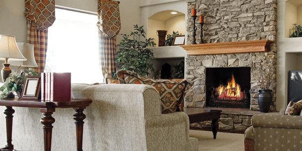 log set with firebox in living room
