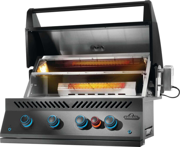 angled grill open to see inside with infrared rear burner on