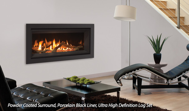 C34 gas fireplace with powder coated surround, porcelain black liner, Ultra High Definition log set burning in an office