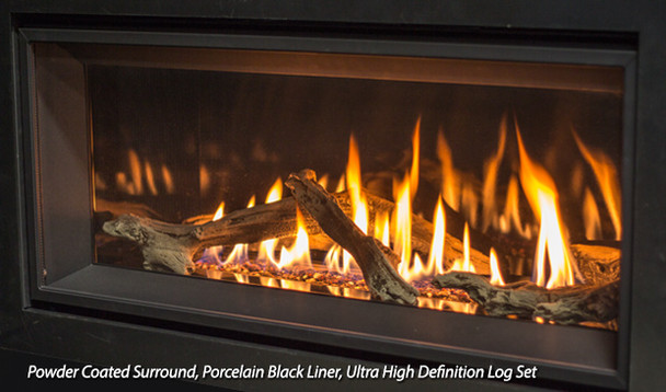 powder coated surround, porcelain black liner, Ultra High Definition log set burning