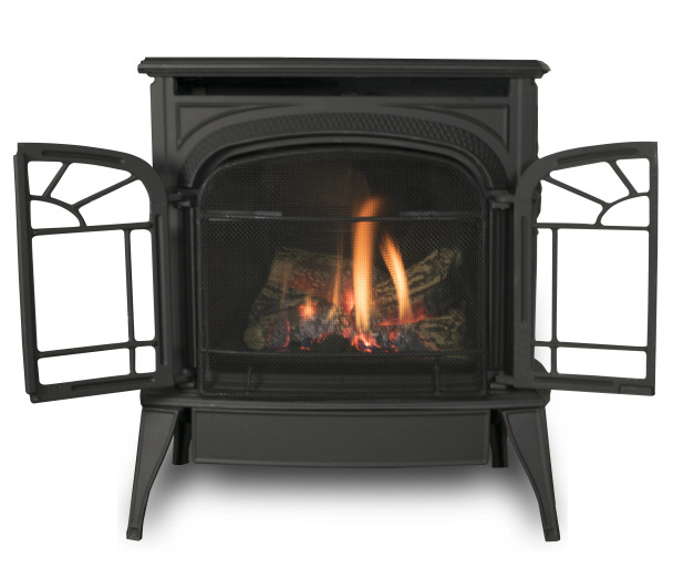 black Intrepid gas stove with Classic style doors open