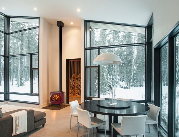 Dauntless Flexburn wood stove in a glass room with a snow capped exterior