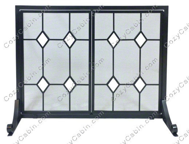 Panel Screen with Two Rectangular Doors Glass Diamond Design - Black Wrought Iron and Glass