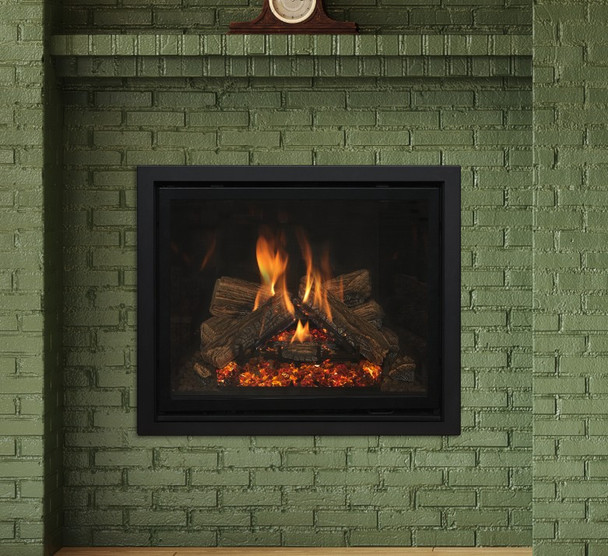 fireplace with black glass panels, rectangle screen front and Komfort Zone kit with green brick