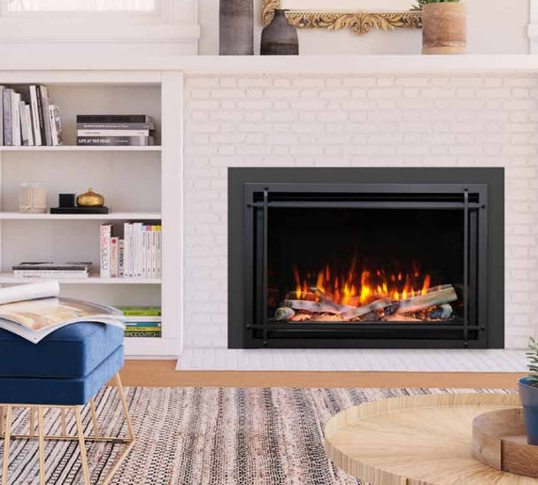 Osseo e34 fireplace with birch logs, orange flames, embers, yellow downlighting, prairie screen front
