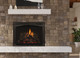 Nordik fireplace with arched mission screen front and traditional logs