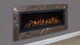 Callaway linear fireplace with Traditional Log Set and black glass interior panels.