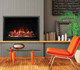 fireplace with rectangular screen front, real timber logs, orange flame, ember, downlighting, ember bed