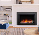Osseo e34 fireplace with birch logs, orange flames, embers, yellow downlighting, prairie screen front
