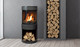 black S50 gas stove with wood pedestal