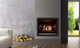 Q2 gas fireplace with glass media and black enameled interior in a living room