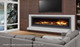 C72 gas fireplace with powder coated surround, black enameled liner, and log set burning in living room
