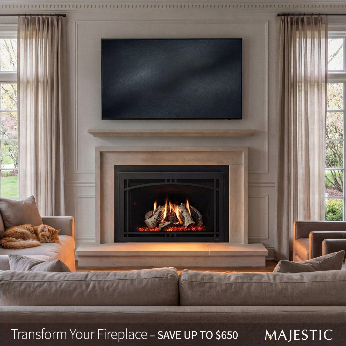 gas insert in a living room with a TV overhead