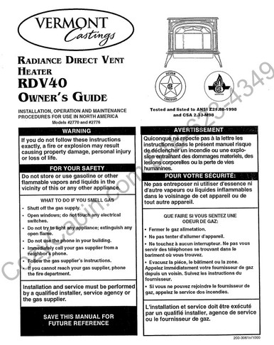 Radiance Direct Vent Heater RDV40 Installation and Operation