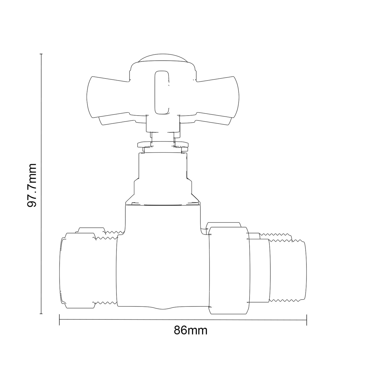 Alves Cross Head Chrome Traditional Straight Radiator Valves Side on Product Measurements