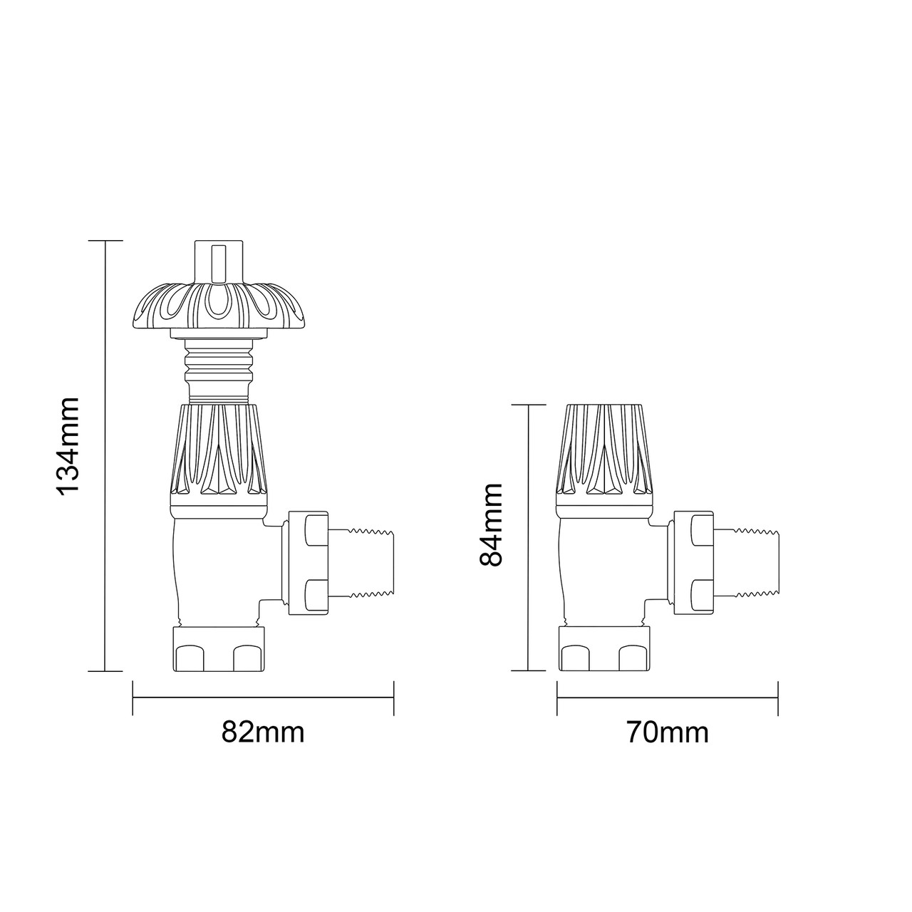 Alves Crocus Wheel Chrome Angled Traditional Thermostatic Radiator Valves Side on Product Measurements