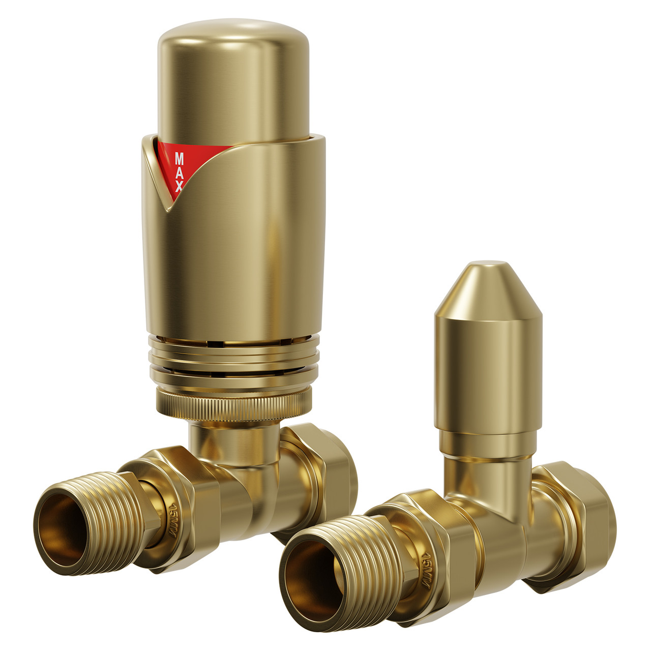 Alves Brushed Brass Straight Thermostatic Radiator Valves Right Hand Side View