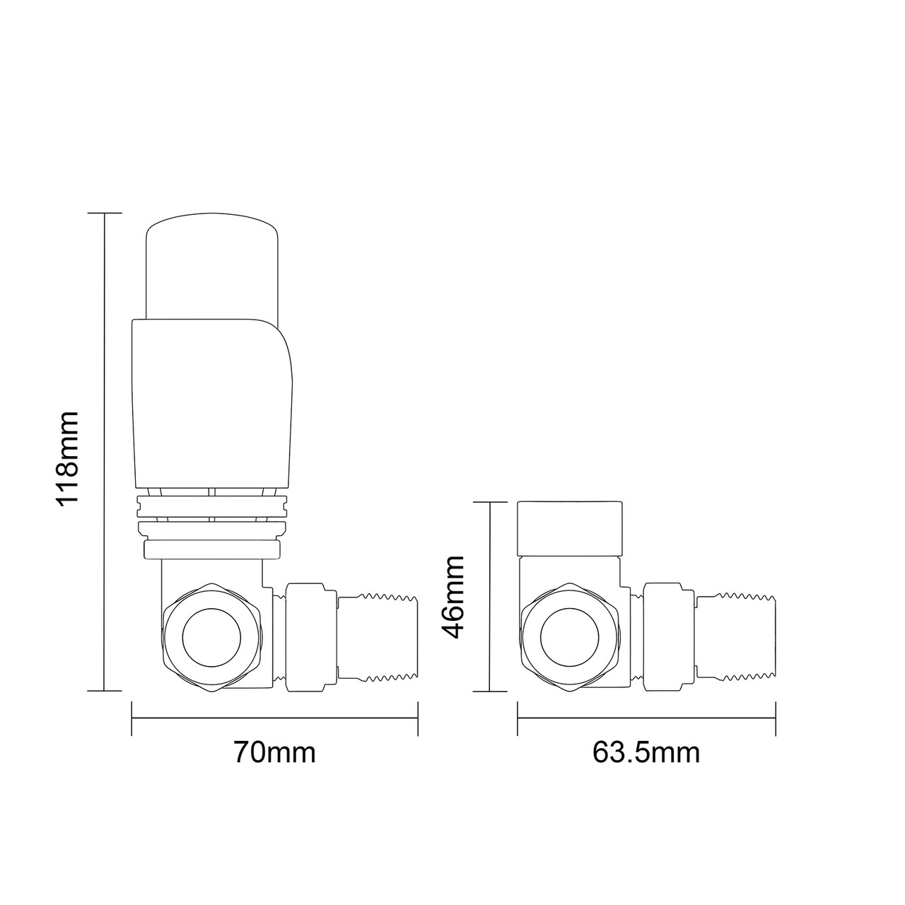 Alves Brushed Brass Corner Thermostatic Radiator Valves Side on Product Measurements