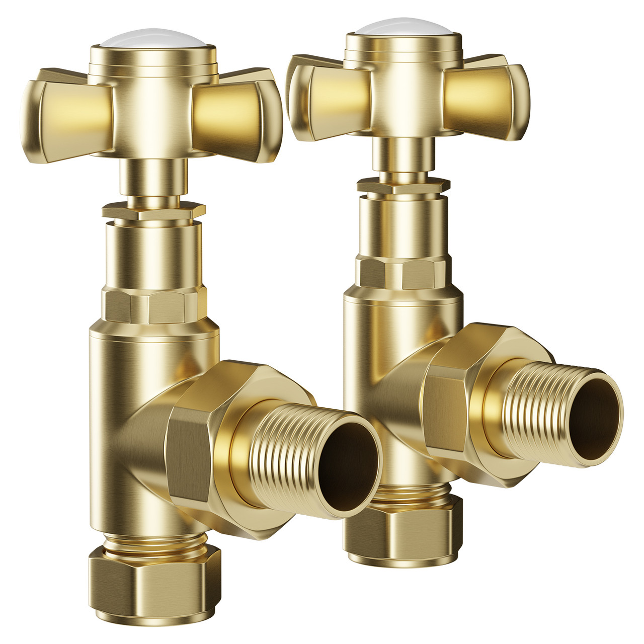 Alves Cross Head Brushed Brass Angled Traditional Radiator Valves Left Hand Side View