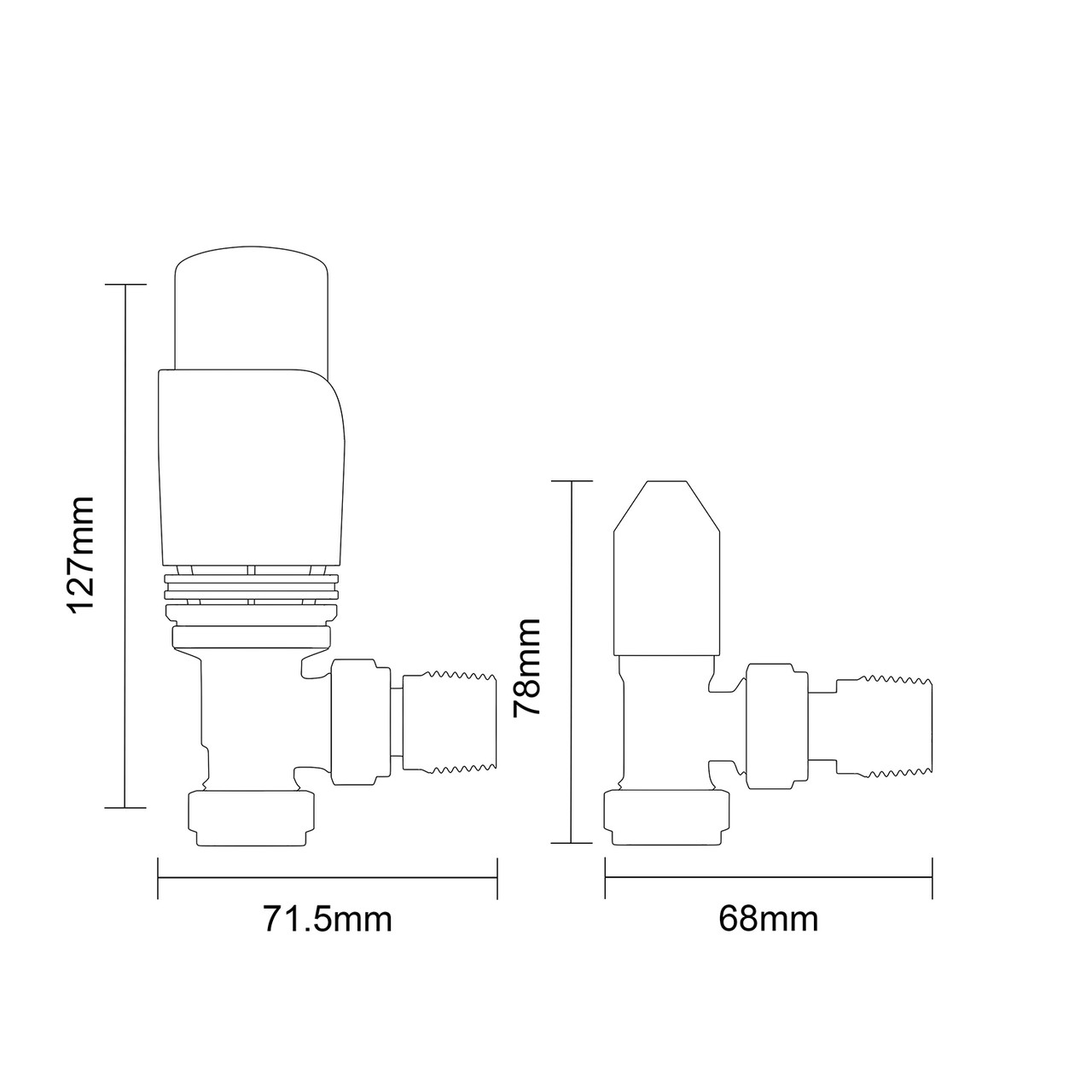 Alves Matt Black Angled Thermostatic Radiator Valves Side on Product Measurements