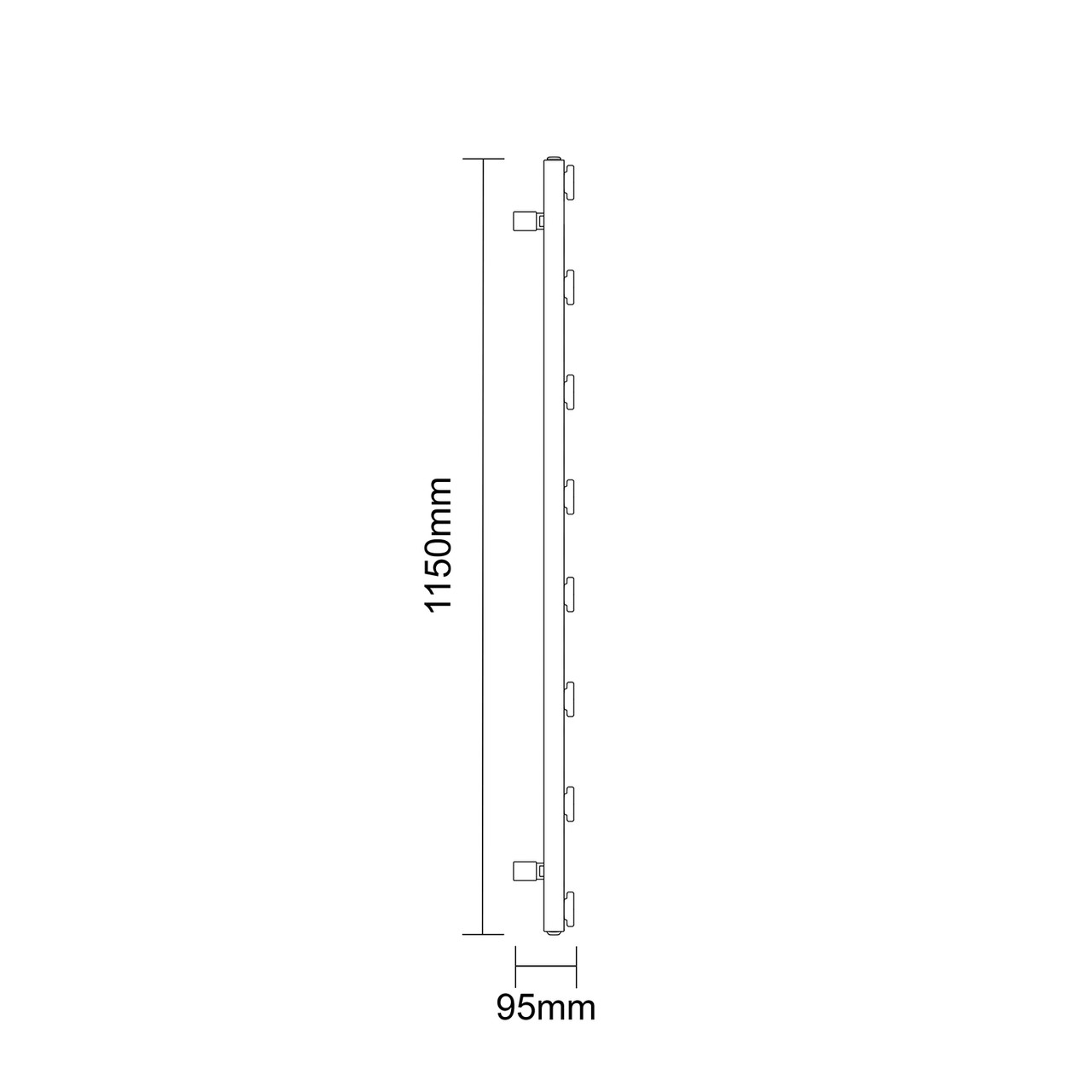 Alcudia Matt Black 1150mm x 500mm Electric Heated Towel Rail Side on Product Measurements
